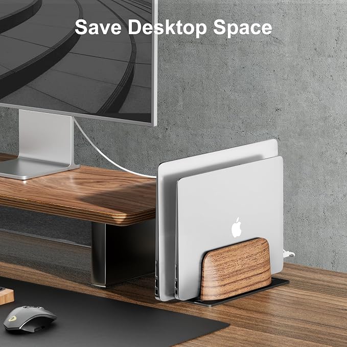 UPERGO Vertical Laptop Stand, Walnut Headphone Stand for Desk