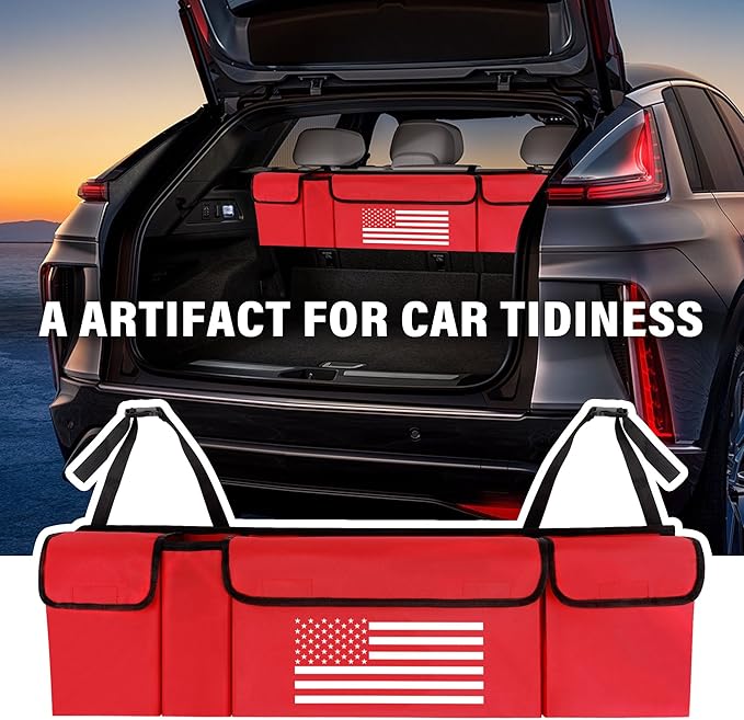 Turcee Car Trunk Organizer,Large Capacity Car Storage Organizer with US Flag Design,Hanging Foldable Car Organizers and Storage Car Interior Accessories (Red)