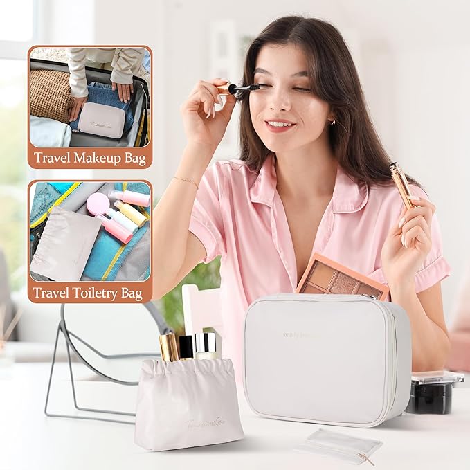 Travel Makeup Bags Set, 4 Pcs PU Leather Cosmetic Organizer Bag with Jewelry bag, Large Make Up Cosmetic Bag with Divider and Handle, Portable Travel waterproof Vanity Bag for Women Girl (Off-white)