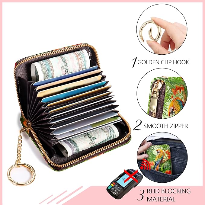 Blusabaca Credit Card Holder for Women, Parrot Bird Small RFID Wallet with Zipper, Card Keychain Wallet, Leather Wallet Card Case, Business RFID Blocking Accordion Purse Wallet Gift