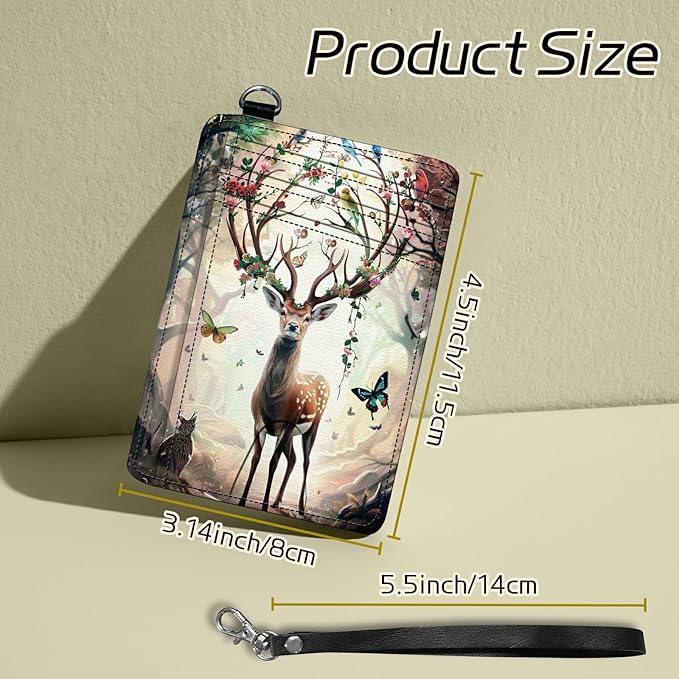 Small Travel Wallets, Decorative Deer Butterfly Slim Minimalist Front Pocket Wallet with Wristlet, RFID Blocking PU Leather Credit Card Holder with ID Window Change Purse for Men Women