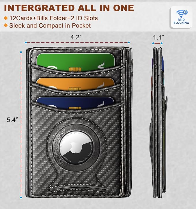 BULLIANT Men Airtag Wallet,Slim Wallet Money Clip Card Holder Magnetic Closure 12 Cards in Front Pocket RFID Blocking