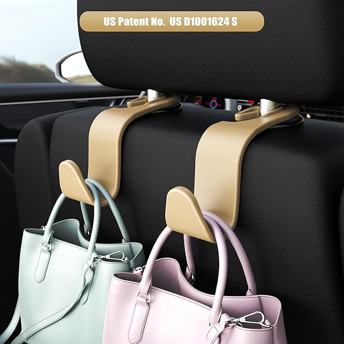 Amooca Car Seat Headrest Hook 4 Pack Hanger Storage Organizer Universal for Handbag Purse Coat Universal fit Vehicle Car Beige with Clip