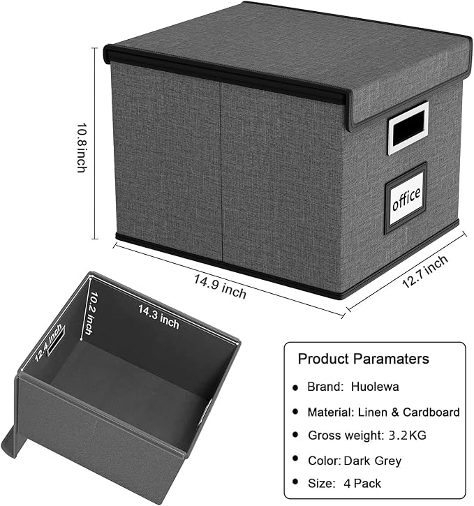 File Organizer Box with Lid, Collapsible File Folder Organizer for Office Document Storage, Filing Box with Plastic Slide for Letter/Legal Size Hanging Files, Dark Grey