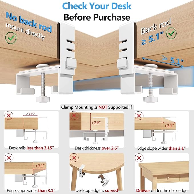 Litwaro Under Desk Cable Management Tray No Drill, 40.6" Cord Organizer with Clamp for Standing Desk, Premium Fabric Cable Tray with Wire Management for Office Home, White