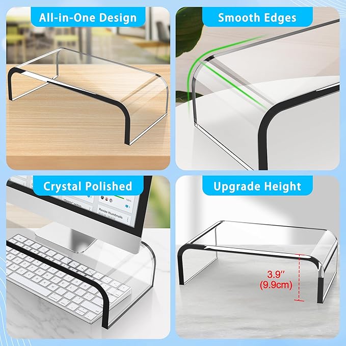 AboveTEK Acrylic Monitor Stand ??Clear Monitor Riser & Computer Desk Stand, Premium Acrylic Laptop Stand for Home Office, PC TV Stand with Keyboard Storage Heavy Duty Desk Riser