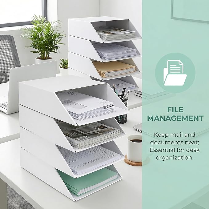 EXYGLO 30 Pack Stackable Cardboard Desk Organizer Trays, Desktop Letter Tray for Document File Mail Storage, White, 12x9x3 Inch