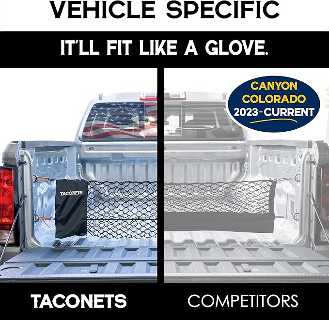 TacoNets Envelope Cargo Net for Colorado/Canyon - Fits 2023-Current - Upgraded 5mm Bungee - Integrated Storage Bag - Heavy Duty Carabiners - Designed in USA