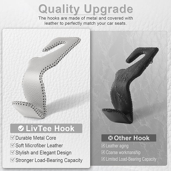 LivTee Gray Superior Leather Car Seat Back Headrest Hook, Auto Seat Hook Hangers Interior Accessories for Purse Coats Umbrellas Grocery Bags Handbag, 2-Pack
