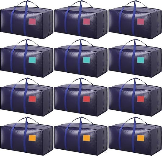 12 Pack Moving Bags with Full-Open Side Zipper, Extra Large 93L Heavy Duty Waterproof Foldable Storage Totes for College Dorm, Moving & Home OrganizationDarkBlue
