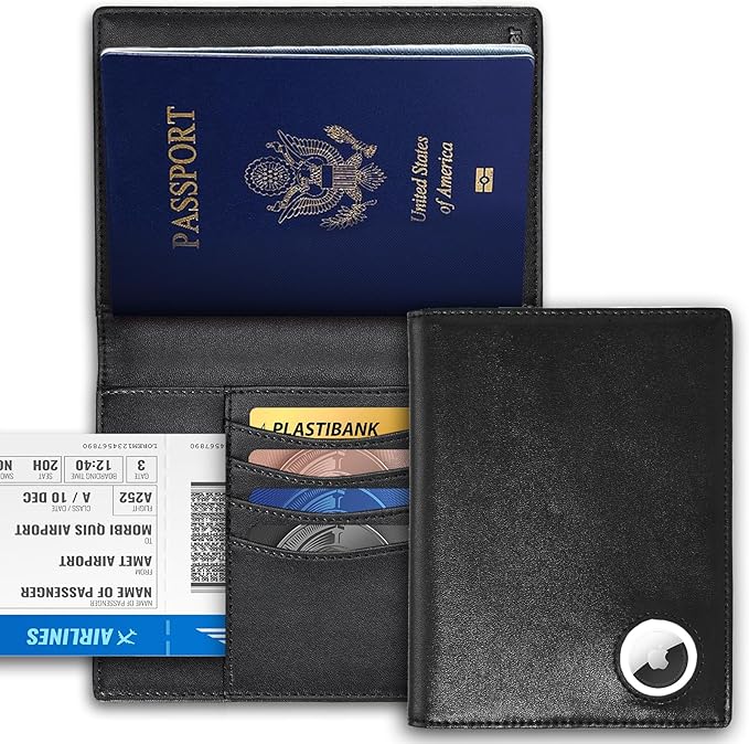 Leather Passport Wallet with AirTag Slot — RFID Passport Holder for Travel Men, Slim Travel Wallet with Card, Cash & Ticket Slots