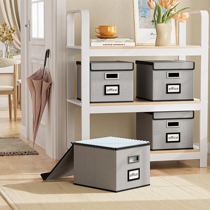 Collapsible File Storage Organizer Boxes with Lids, Portable Large Linen Hanging Filing Storage Boxes, Decorative Home/Office Filling System for File and Folder Storage (Grey)-2 Pack
