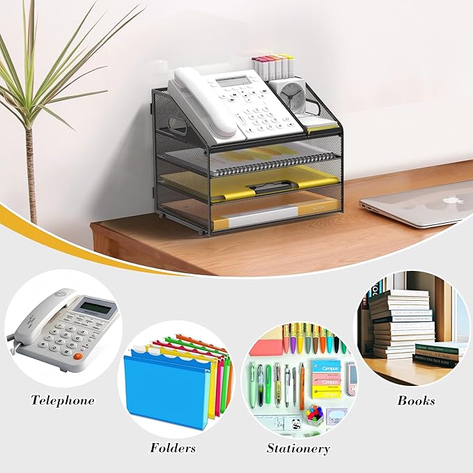 Letter Tray Paper, 4 Tier Desk Organizer with Pen Holder and Handle Mesh File Organizer Paper Sorter Metal Desktop Document Shelf for Office Home Classroom -Black