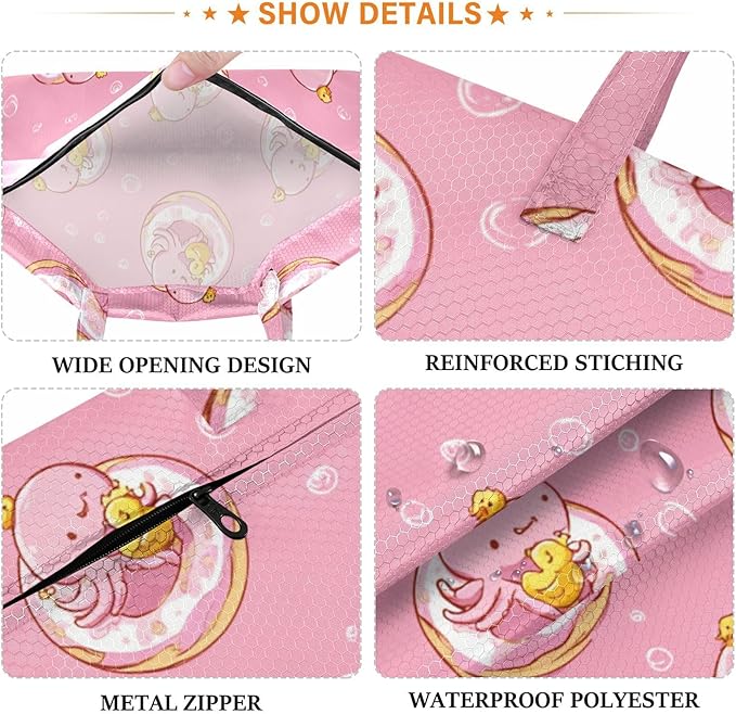 Travel Laundry Bags 2 PC Wet Dry Bag with Handle Dirty Clothes Organizer for Swimsuits Beach Camping Waterproof Washable Octopus Doughnut Duck Pink
