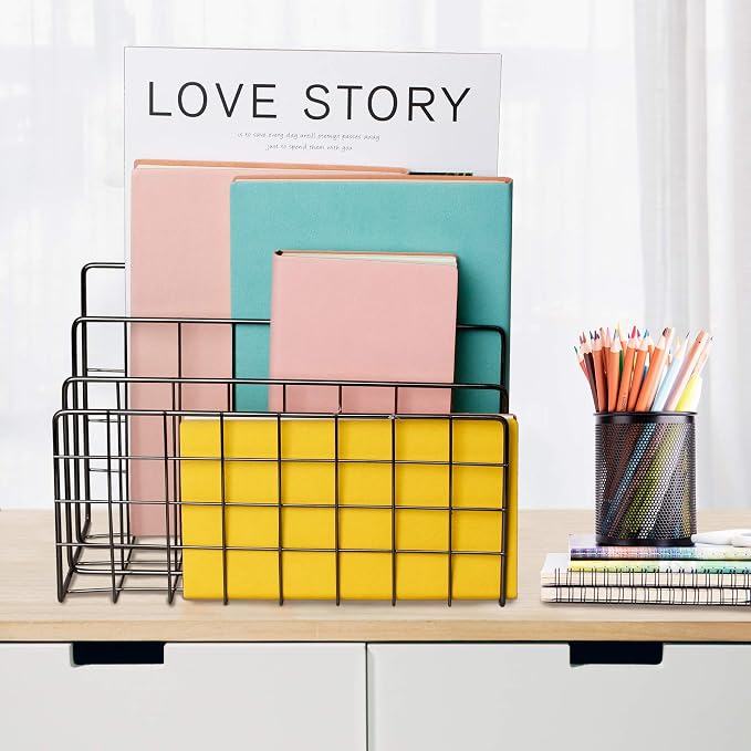 Desktop Mail Organizer File Organizer Metal Wire Mail Sorter Letter Organizer Magazine Rack for Letters, Mails, Books, Postcards, Brochures, Mail Holder (3 Slot, Dark Gray)
