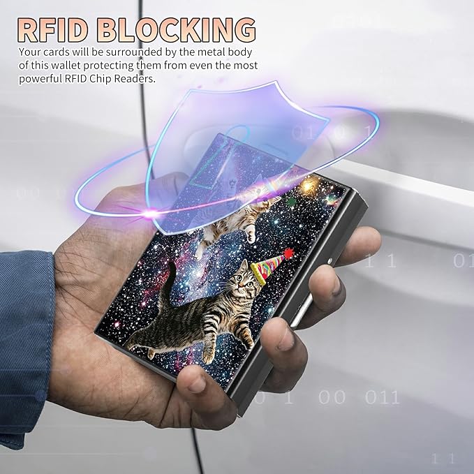 Slim Credit Card Holder, Cats Galaxy Nebula RFID Blocking Metal Wallet for Men & Women, Aluminum Minimalist Hard Case Pocket-Sized Business Cards Organizer (Fits Up to 10 Cards)