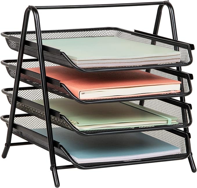 Mind Reader 4-Tier Paper Tray, Desktop Organizer, File Storage, Workspace, Office, Metal Mesh, 12"L x 13.75"W x 12.5"H, Black