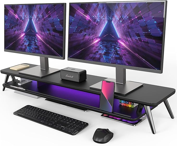Fenge Dual Monitor Stand, Monitor Stands Riser for 2 Monitors, 42.5 Inch Monitor Stands Shelf with 12 Color LED Light for Office Desk