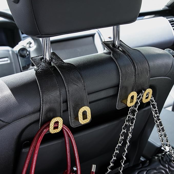 Car Headrest Hooks Universal Car Purse Hook Premium Leather and Alloy Twin Hook Car Seat Back Storage Hanger Hook for Purse Bags Cloth Drink Durable Holder Car Accessories (BH09-Black-Gold)