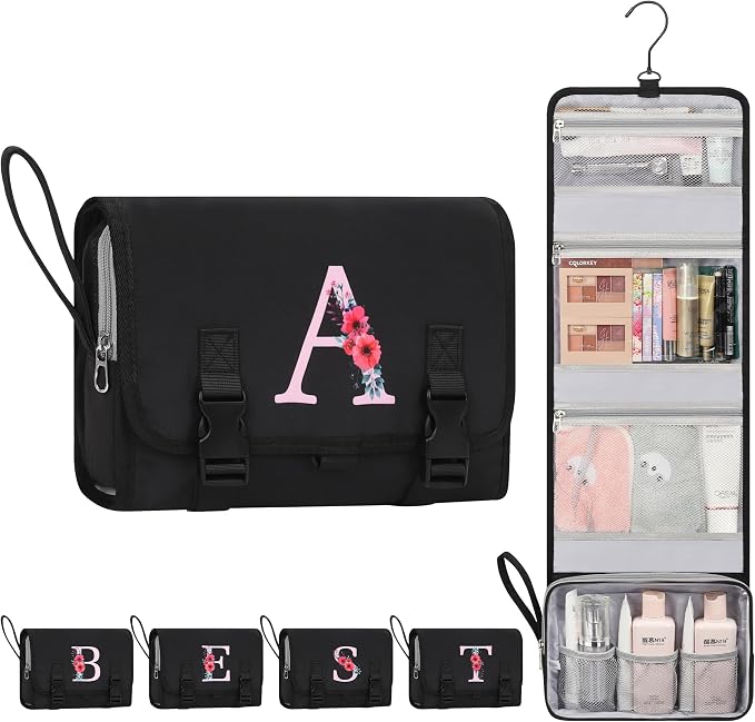 Relavel Birthday Gifts for Girls Women - Hanging Toiletry Bag for 13 14 15 16 17 18 Years Old Teen Initial Makeup Bag for Teacher Graduation Gift, Personalized Travel Cosmetic Bags - Black A