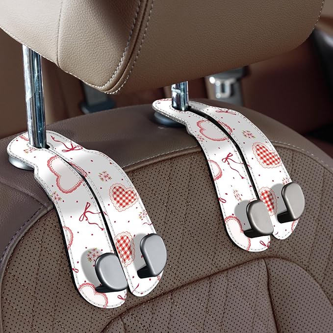 CoBak Purse Hook for Car - Universal Premium Stitched Leather and Aluminum-Magnesium Alloy Double Car Seat Back Storage Hook for Purses, Handbags, Bags (2 Pack),Heart Thread