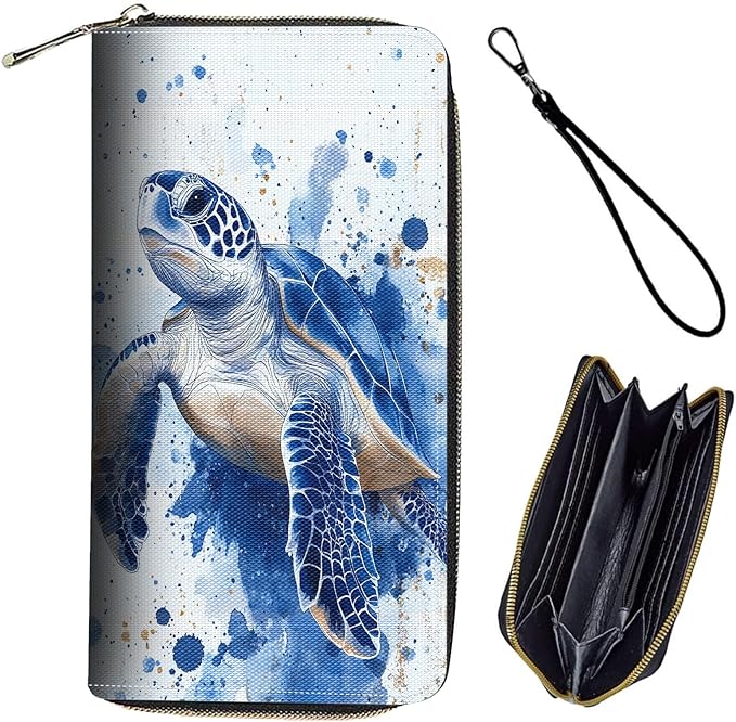 Bxgolkgd Womens Wallet, RFID Blocking Leather Wallet,Large Capacity Wallet Credit Card Holder PU Leather Ladies Clutch with Zipper Coin Pocket - Blue Watercolor Turtle