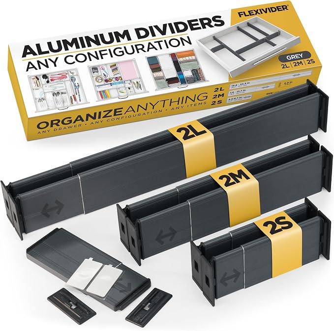 Practical Comfort Custom Drawer Organizer 6 Adjustable Aluminum Dividers, Gray – For Kitchen, Bathroom, Office, and More