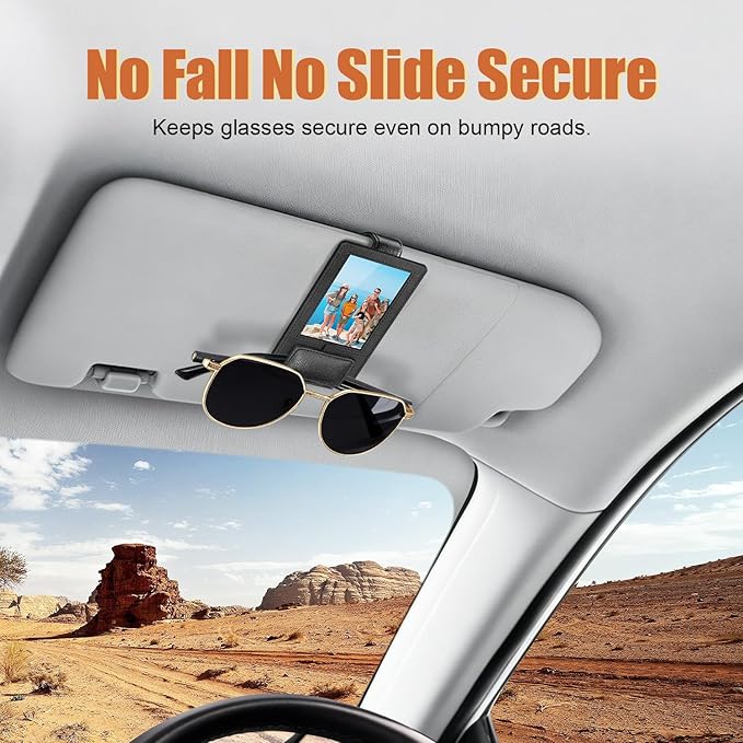 New 2 in 1 Sunglass & Photo Holder for Car, Strong Magnetic Leather Sunglasses Holder, Car Visor Picture Holder Clip, 2026 Upgraded No Fall No Slide Car Visor Accessories
