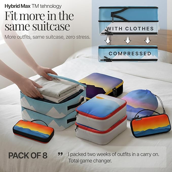 Well Traveled 8 pcs Compression Packing Bags Cubes Set with HybridMax Double-Capacity Design - Packing Cubes for Travel Compression to Maximize Limited Luggage Space, Vista