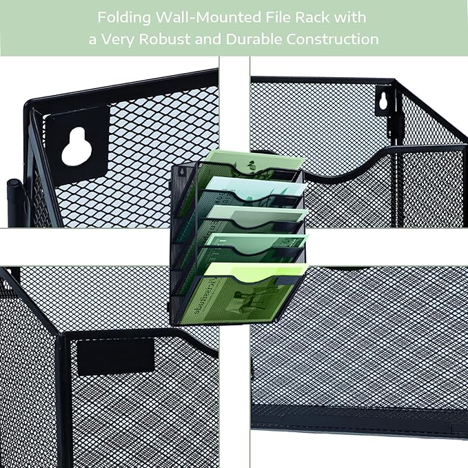 5 Tier Mesh Hanging File Organizer Vertical Wall File Organizer Wall File Holder for Office School Home, Black