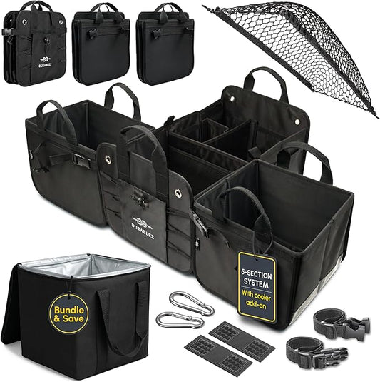 Trunk Organizer 5-Section Modular XL Car Storage System – Extra Large Cargo Organizer for Car Trunk, Foldable Multi-Compartment Auto Organizer, Heavy Duty Oxford 1680D – Black