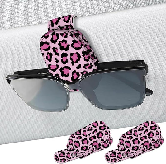 2 Pack Sunglass Holder for Car Visor, Universal Magnetic Car Sunglass Holder for Different Size Eyeglasses, Car Visor Accessories (Leopard-Pink)