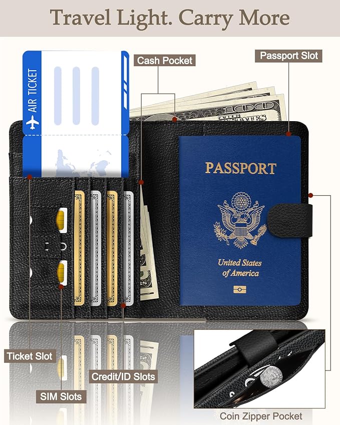 Slohif Passport Wallet Holder Cover for Travel - Women Men RFID Blocking Passport Book Case Protector, Black Fun Skull Skeleton Leather Personalized Organizer Slim Carrier Boarding Pass Cards Slots