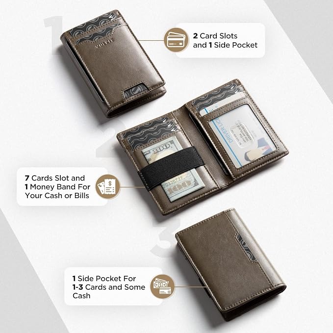VULKIT Credit Card Holder RFID Blocking Slim Leather Front Pocket Mens Wallet Bank Card Holder Quick Access with 10 Slot and Money Band for Bills or Receipt, Palm-Size Wallet, Dark-olive-green, no