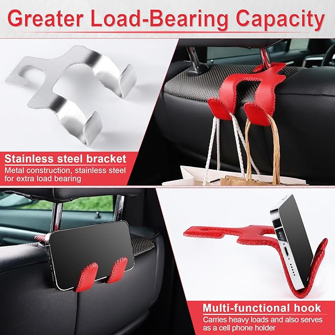 LivTee Upgraded Superior Leather Car Seat Back Headrest Hook, 2 in 1 Auto Seat Hook Hangers Holder Organization Interior Accessories for Purses Coats Umbrellas Grocery Bags Handbag (Red)