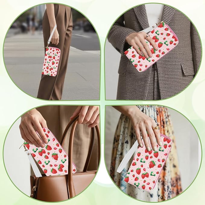 Strawberry Lovers Gift for Womens Wallet - Slim PU Leather Pink Strawberry Wallet for Women with Zipper, Credit Card Holder Wallets, Wristlet Wallets for Female Ladies Girls Birthday