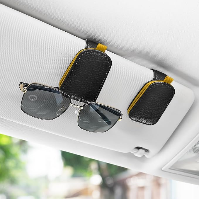 SINGARO Sunglasses Holder for Car, Leather Magnetic Buckle Sun Visor Sunglass Clip, Ticket Card Storage Glasses Clip, Car Interior Accessories for Men and Women（Black-Yellow）