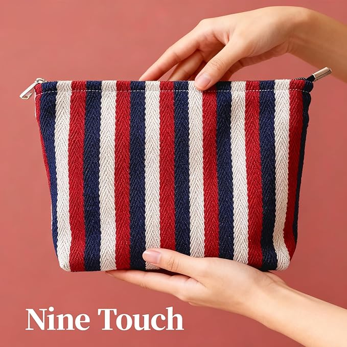Color Striped Makeup Bag for Women, Canvas Cosmetic Bag with Zipper lining, Travel Makeup Pouch for Purse, Travel Pouch for Toiletry, Cosmetic, Sunscreen, Hygiene, Skincare, SPF, Medicine, Sunblock