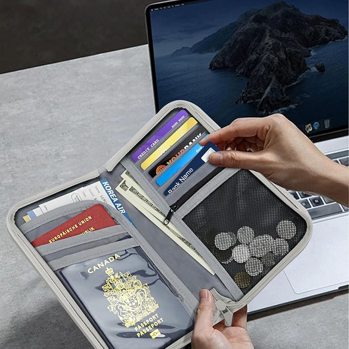 Passport Holder for Travel, Rfid Blocking Passport Wallet Travel Documents Organizer, Waterproof Family Passport Holder with Wrist Strap for Men & Women, Grey