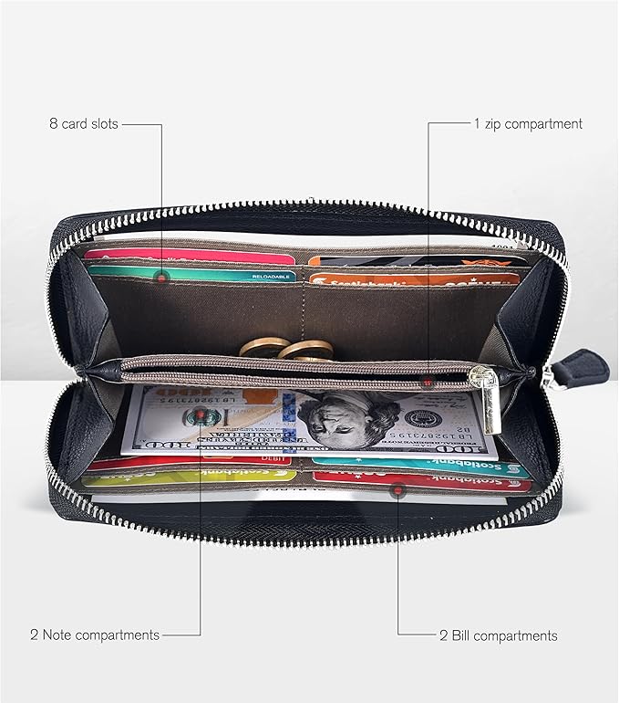 Oak Leathers Smooth Nappa Leather Wallet for Women - RFID Womens Wallet Clutch with 8 Credit Card Holder, Coin Pocket