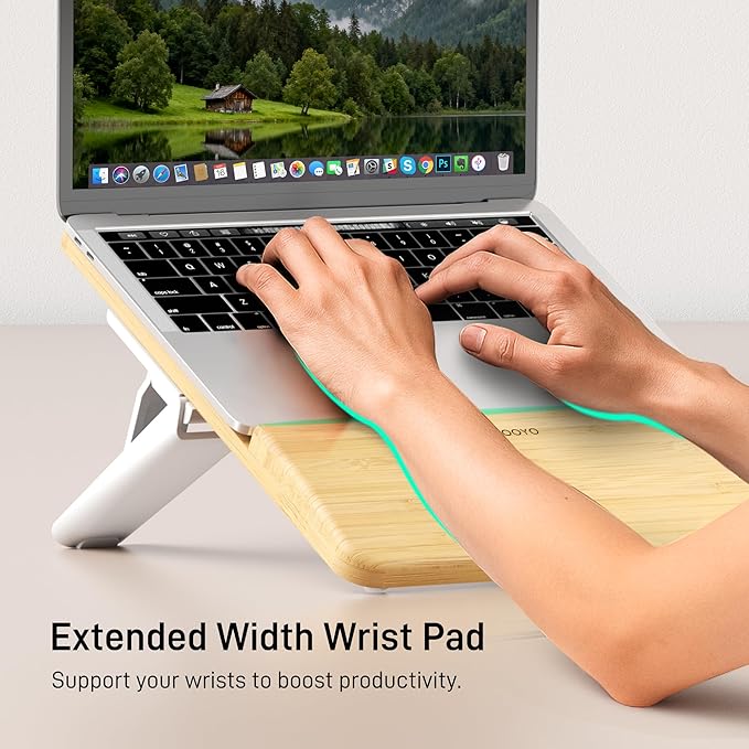 AFOOYO Adjustable Bamboo Laptop Stand,Portable Computer Riser,Ergonomic Notebook Mount with Wrist Rest,Compatible with 9.8-15'' All Laptops,MacBook Air Pro/HP/Dell/Lenovo,Bamboo