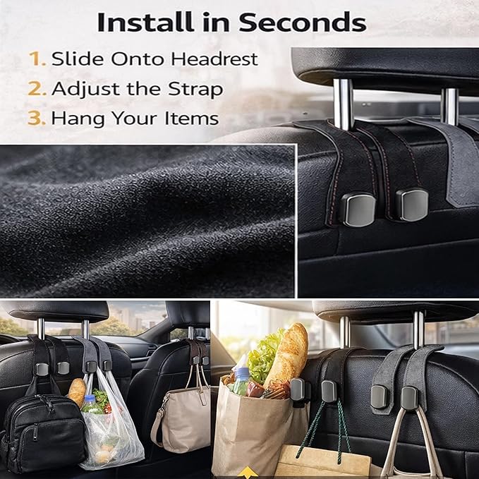Car Headrest Hook 2 Pack, Premium Leather Car Purse Hooks, Heavy Duty Seat Back Organizer for Handbags, Groceries & Bags, No Scratch, Easy Install Car Accessories (2, Grey)