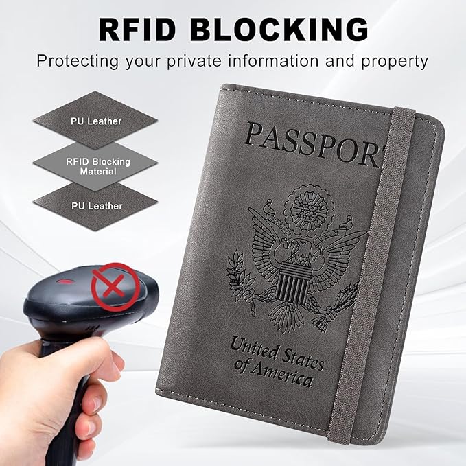 ACdream RFID BLOCKING Passport Holder Travel Wallet, Premium PU Leather Cover Passport Book with Card Holder, Pen Holder, Keep Organization, and Travel Essentials for Women and Men, Grey