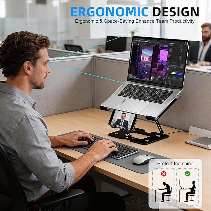 Ergonomic Adjustable 2-in-1 Laptop Stand with Phone Holder, Laptop Riser for Desk, Computer Stand for Laptop, Sturdy and Portable Stand, Compatible with Most Laptops and Phones (Black)