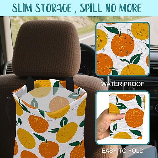 Car Garbage Bag Cartoon Oranges Fruits Hanging Canvas Car Trash Bag Waterproof Drawstring Car Back Seat Organizer for Car Back Front Seat Console with Adjustable Buckle