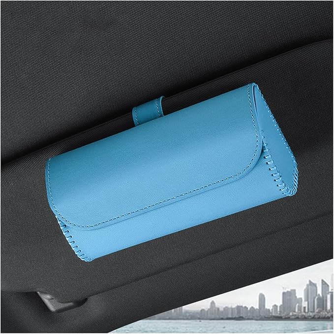 Augeny Sunglasses Holder for Car Sun Visor, Leather Auto Eyeglasses Storage Case with Hidden Magnetic Closure, Protective Glasses Organizer Box, Vehicle Visor Accessories for Woman Man (Sky Blue)