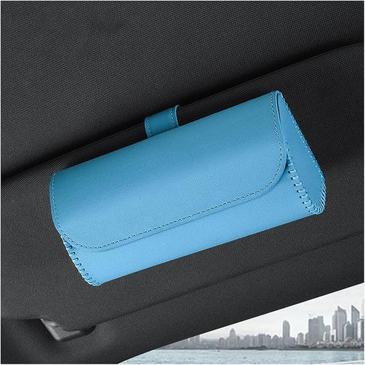 Augeny Sunglasses Holder for Car Sun Visor, Leather Auto Eyeglasses Storage Case with Hidden Magnetic Closure, Protective Glasses Organizer Box, Vehicle Visor Accessories for Woman Man (Sky Blue)