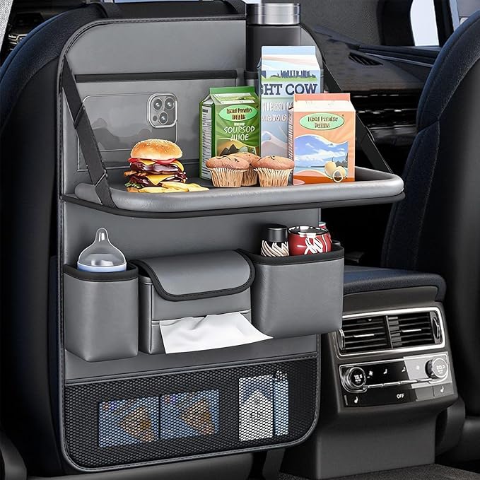 2 Pack Leather Car Backseat Organizer with Foldable Table Tray, Car Storage Organizer with Tablet Holder, Car Seat Back Protectors Kick MatsTravel Accessories