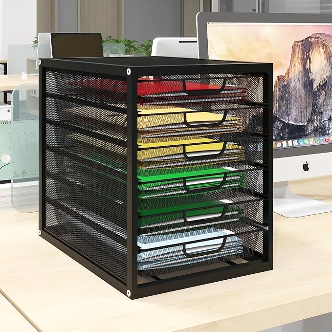Natwind Mesh Desk Organizer with 6 Tier Sliding Drawers, Paper Sorter, Multi-Functional Home Office Supplies Storage Tray for Letters, Documents, Books, Mail, Files, Arts & Crafts Supplies - Black