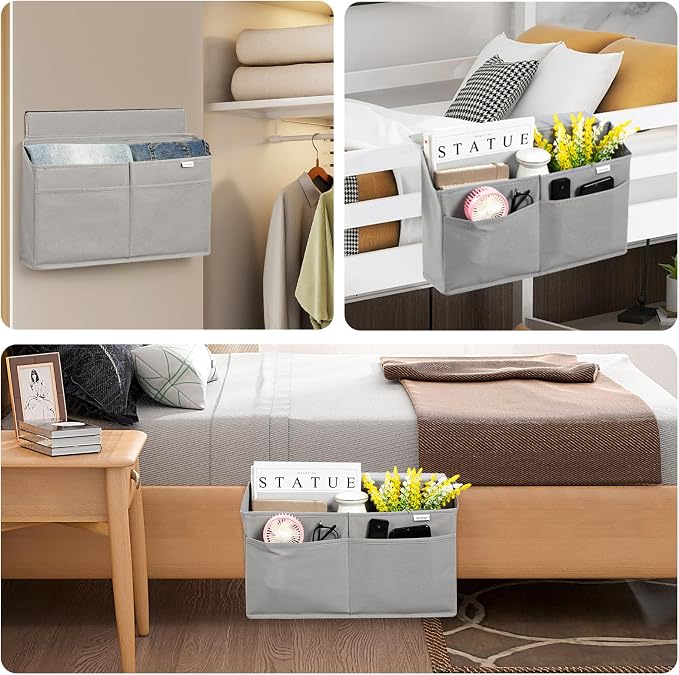 2 Pack Desk Side Hanging Organizer, Adhesive Storage Bag with Pockets for Magazine Ipad Notebook, for End Tables Home Office Desks Computer Workstations Dressing Table, Grey